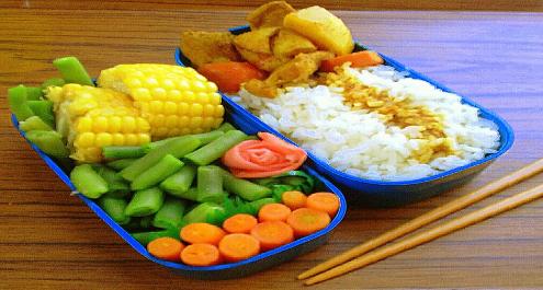 בנטו עם תבשיל עוף או בקר ותפודים בתוספת ירקות